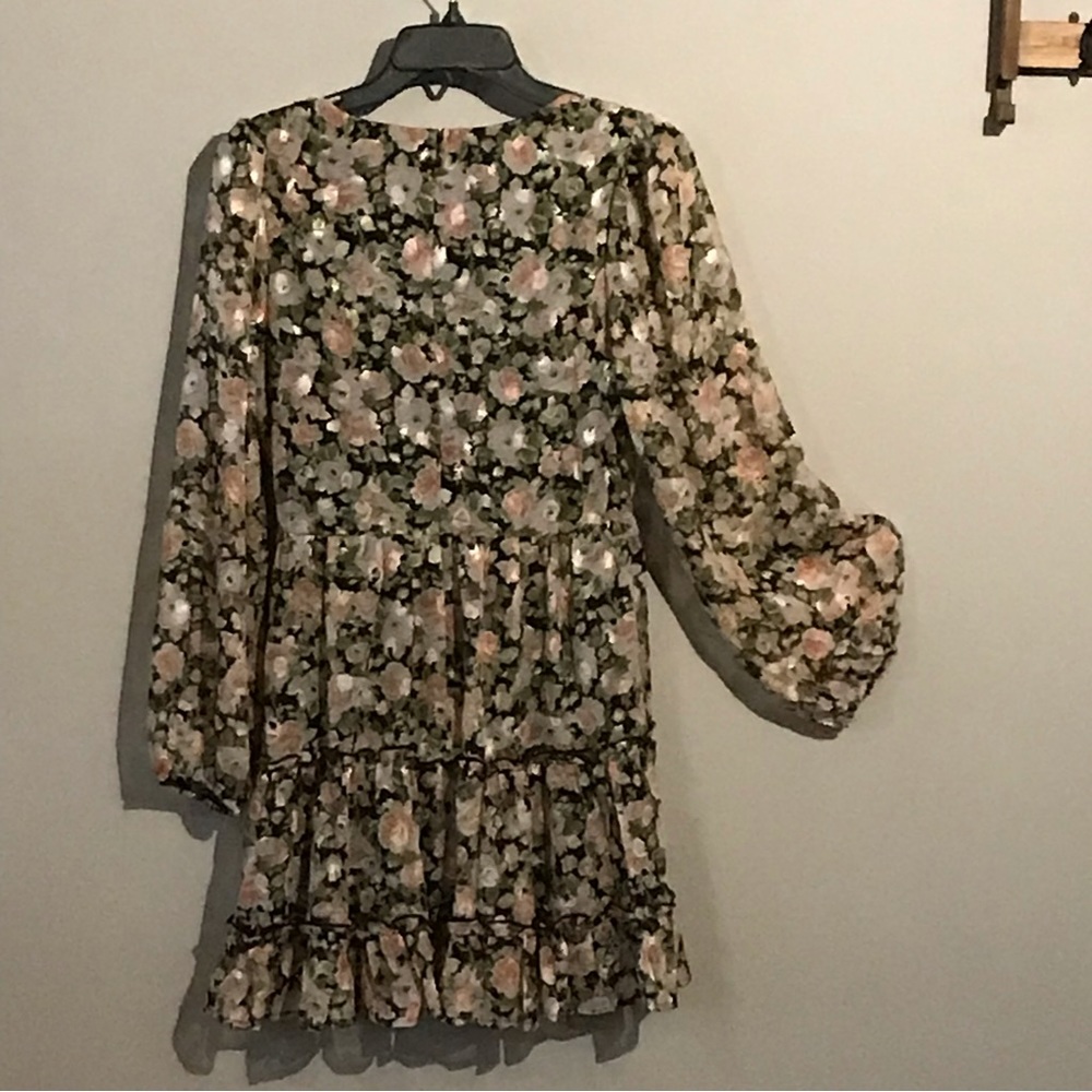 NWT Lush Black & Coral Floral Ruffle Mini Dress w/Sheer Puff Long Seeves Sz S,M - Picture 6 of 8